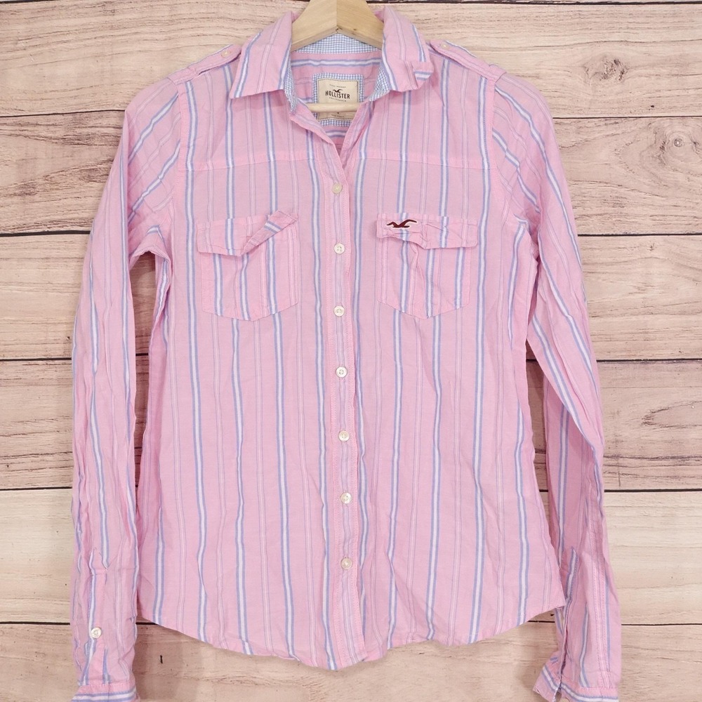 New!‎ Hollister Button-Up Womens S Pink Striped Bettys Long Sleeve Cotton Shirt